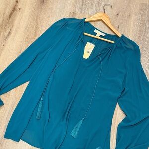 Michael Kors Teal Blouse with Tassel Accents